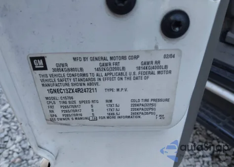 2004 Chevrolet Tahoe Lt z USA, uszkodzony, nr VIN 1GNEC13ZX4R247211